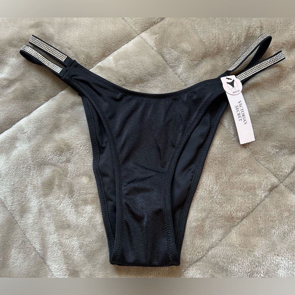 Victoria's Secret Swim Double Shine Strap Brazilian Bikini Bottom,Black,XS,BNWT